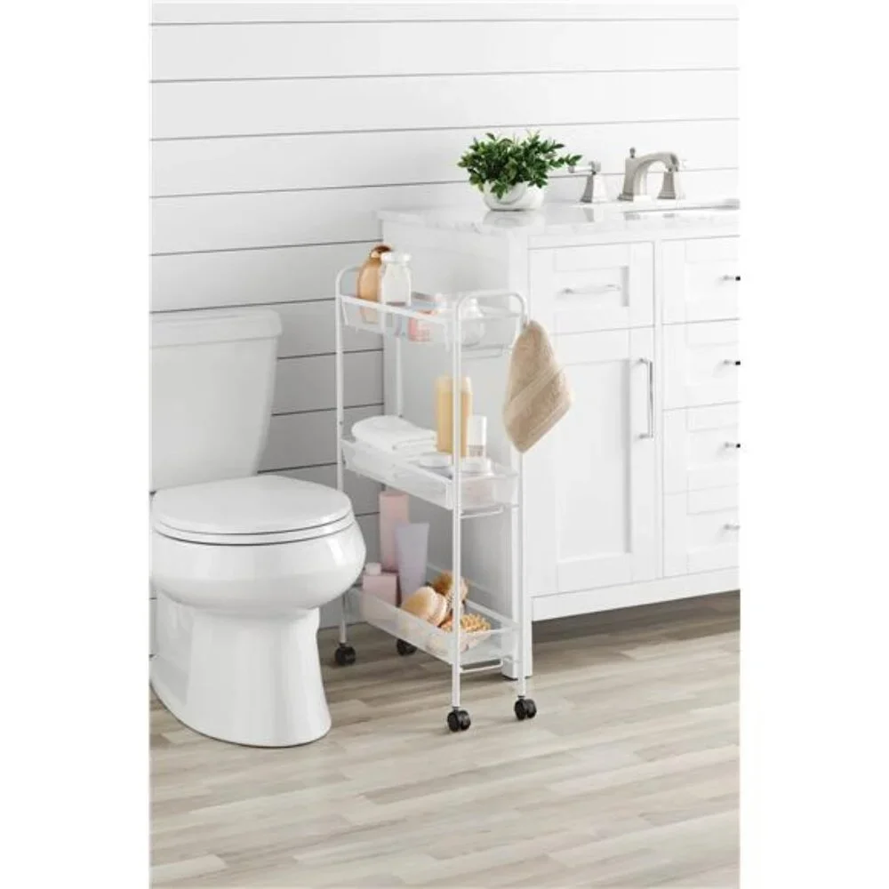 Slim 3-Tier Rolling Bathroom Storage Cart with Hooks, White